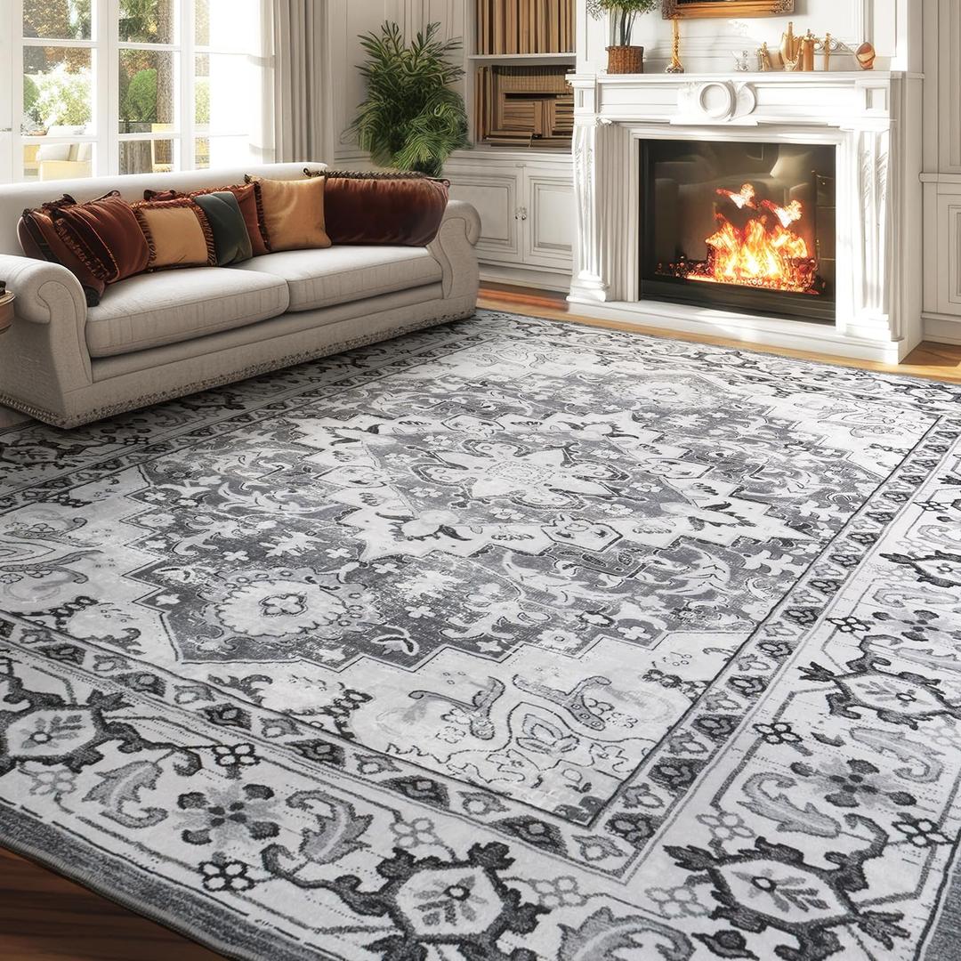 Lessymo 8 x 10 Area Rugs for Living Room- Machine Washable Area Rugs Boho Faux Wool Low Pile Area Rug for Bedroom, Floral Medallion Vintage Rugs with Non-Slip Rubber, Kid & Pet Friendly, Grey White