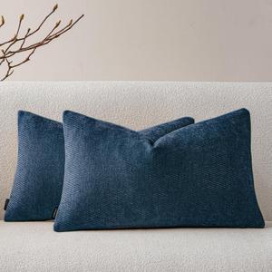 a moment Pack of 2 Decorative Chenille Throw Pillow Covers with Twill Cushion Covers for Sofa Living Room Couch Bed 12x20 Inch Blue