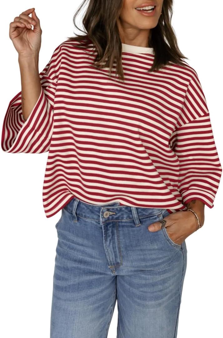 Women's Boho Blouse Red Stripe Bowknot Cutout Back Drop Shoulder Wide Bracelet Sleeve Loose Tee