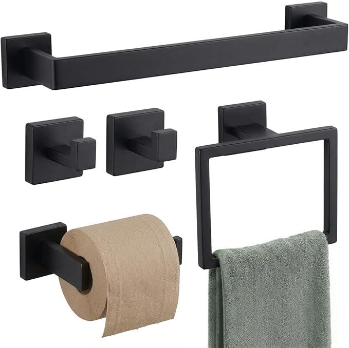 5 Pcs Black Bathroom Hardware Accessories Set 23.6 Inch Bath Towel Bar Kit Stainless Steel Bathroom Hardware Set Towel Racks Ring Robe Hooks Paper Holder for Wall Mounted