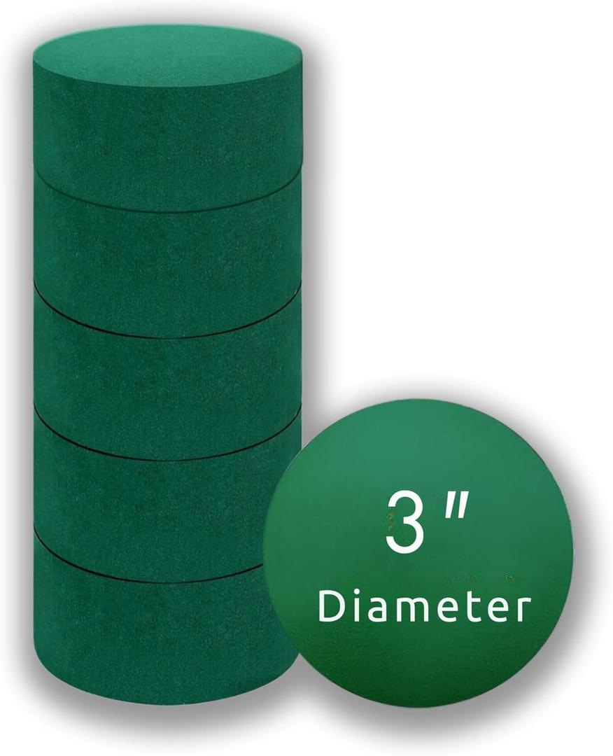 Pack of 6 FLOFARE Round Floral Foam Blocks for Fresh and Artificial Flowers, Each (3" X 1.5"), Dry & Wet Green Flower Foam for Flower Arrangements & Florist Supplies