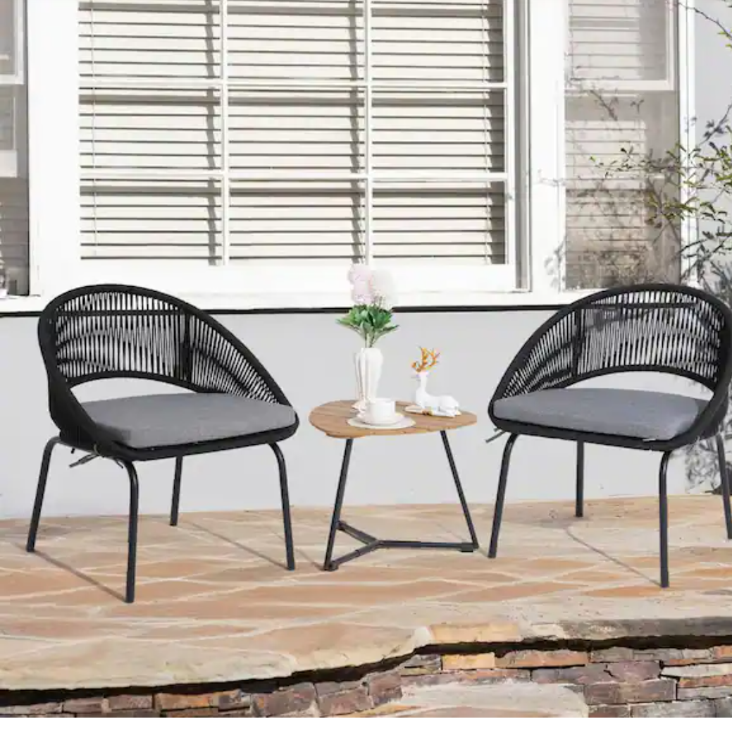3-Piece Metal Black Woven Rope Outdoor Bistro Set with Grey Cushions