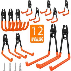 Garage Hooks Heavy Duty, 12 Pack Anti-Slip Coating Garage Wall Storage Hooks for Hanging Bike, Ladder, Garden Tools (Orange)