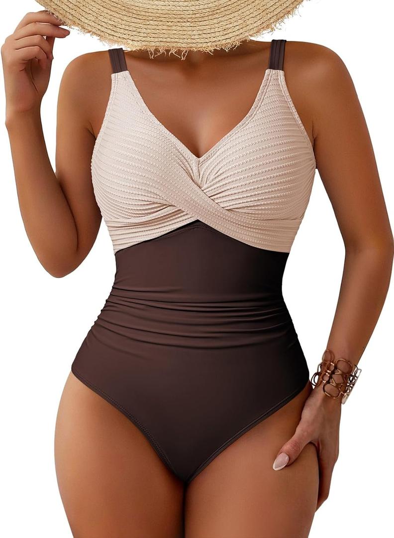 Pink Queen Women One Piece Swimsuit 2026 Patchwork Twist Front V Neck Ruched Tummy Control Swimwear Bathing Suits (Brown, M)
