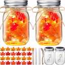 LemonRoad 2 Sets Thanksgiving DIY Craft Kit DIY Glass Mason Jar Solar Lanterns Fall Maple Leaf Table Centerpieces Decoration with Rope Brush Glue for Autumn Party Decor Classroom Activities Crafts