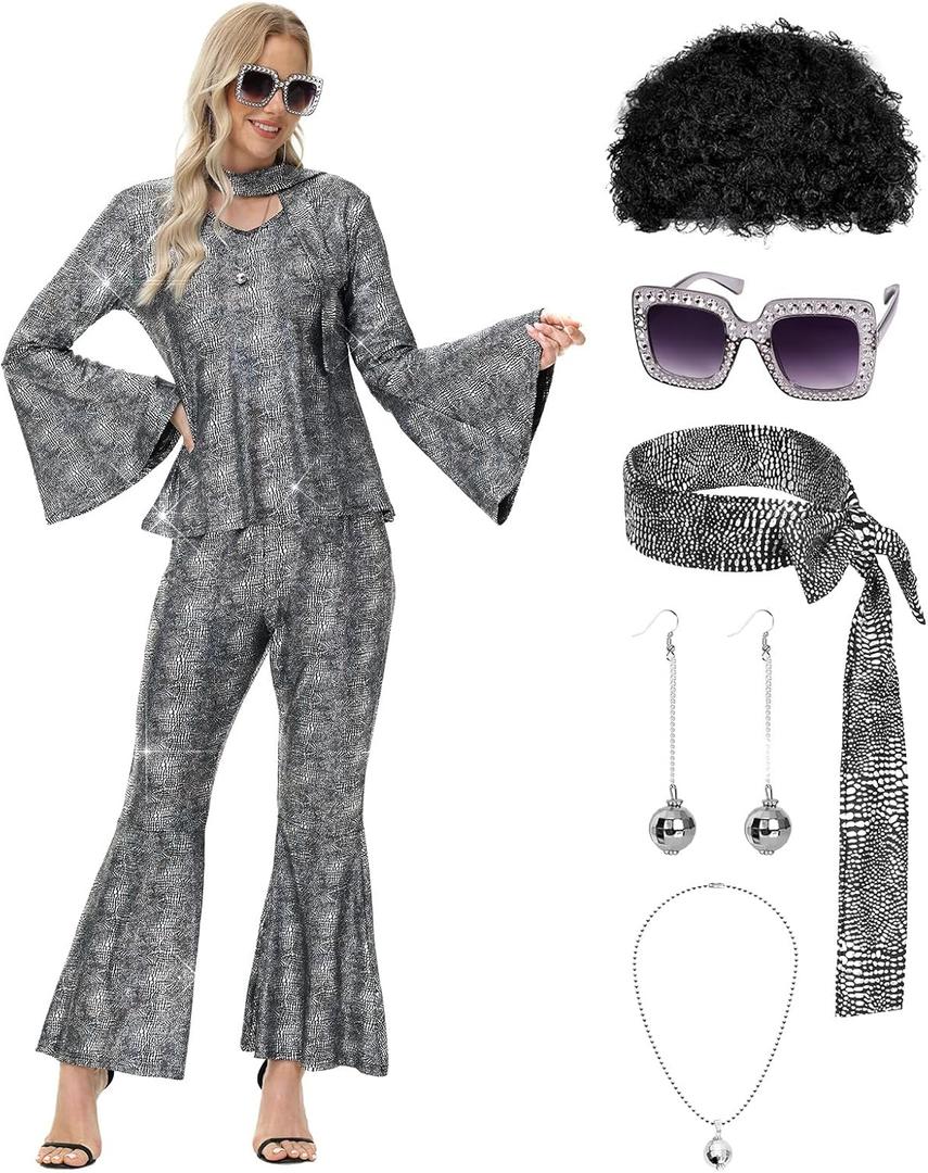 70s Disco Costume for Women - 1970s Disco Outfit with Wig, Earrings, glasses, Necklace, Headband, Sequin Top & Bell Bottoms (X-Large, Silver)