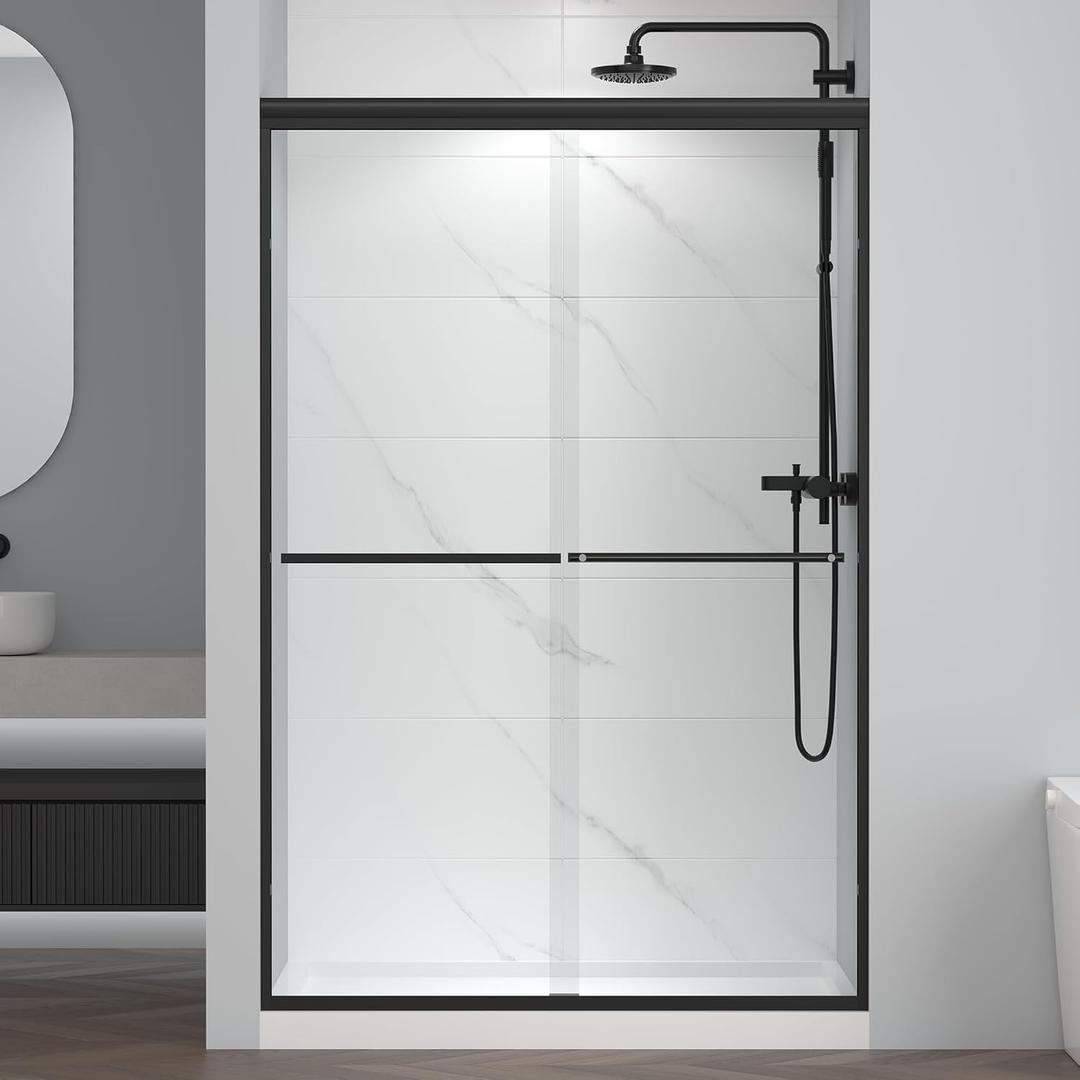 ENSO SENKA 44-48" W x 72" H Semi-Frameless Bypass Sliding Shower Door, Easy-to-Clean Treated Clear Tempered Glass, Matte Black