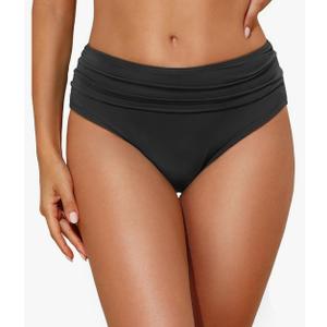Tempt Me Women Mid Rise Bikini Bottoms Full Coverage Swimsuit Ruched Scrunch Swim Bottom, Large