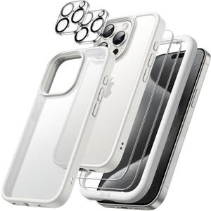JETech 5 in 1 Matte Case for iPhone 15 Pro Max 6.7-Inch with 2-Pack Each Tempered Glass Screen Protector and Camera Lens Protector, Translucent Back Shockproof Phone Cover (White)