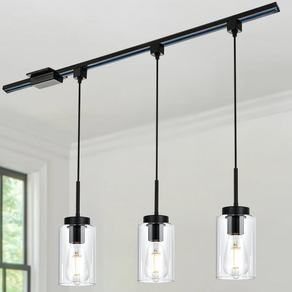 VINLUZ 3-Pack H-Type Track Lighting Modern Halo Track Pendant Light with Clear Glass Shade Classic Kitchen Island Pedant Hanging Lighting for Dining Room