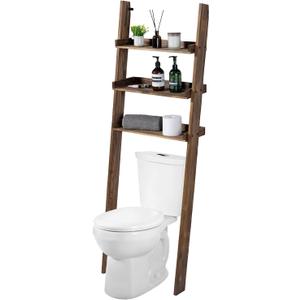 MyGift 5.5 Foot Tall Rustic Burnt Solid Wood Over The Toilet Decorative Ladder Standing Shelf, 3 Tier Bathroom Organizer Leaning Storage Shelves Rack Stand