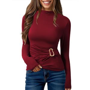 Pink Queen Women's 2025 Fall Long Sleeve Shirts Mock Neck Button Decor Ruched Slim Fit Going Out Tops (Burgundy), S