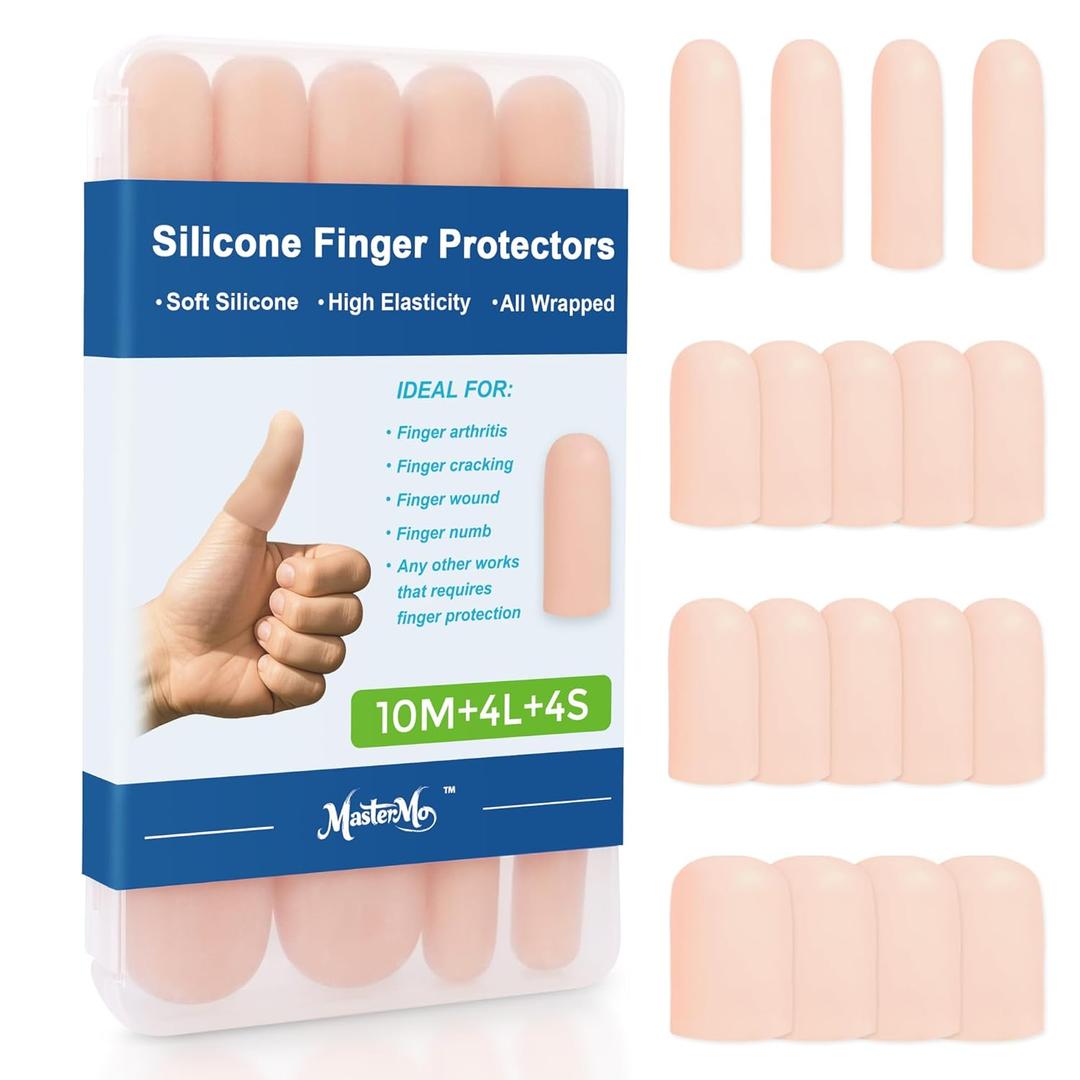 Gel Finger Cots Protectors, Silicone Fingers Covers Bandages Caps Sleeves for Fingertip Thumb Protection, Ideal for Trigger, Arthritis, Cracking, Blisters, Callus, Hangnail & Pain Relief (Nude, 10M+4L+4S)