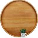 30 Inches Extra Large Round Teak Wood Ottoman Tray with Handles, Serve Tea, Coffee, Classic Circular Wooden Decorative Serving Tray
