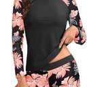 Aqua Eve Women Two Piece Rash Guard Long Sleeve Swimsuit Swim Shirt with Shorts Modest Bathing Suit UPF 50+, Medium
