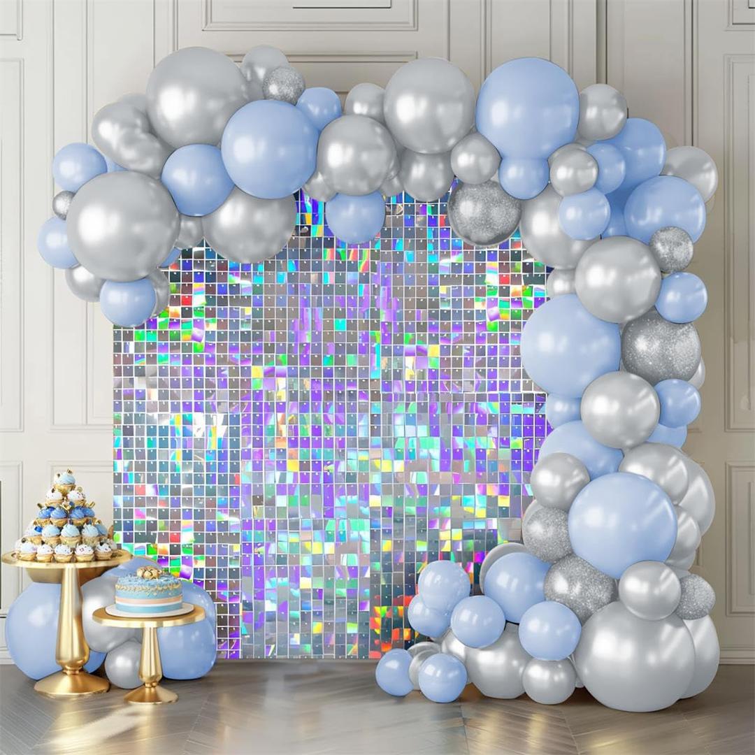 Shimmer Wall Backdrop Iridescent Silver Wall Panels 12Pcs Square Sequin Shimmer Wall Backdrop Decoration for Birthday Party,Wedding, Anniversary