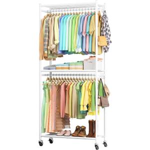 Sakugi Clothes Rack - 33.0" x 12.2" x 79.5" Clothing Rack with Shelves & Wheels, Multi-Functional Wardrobe Closet with Hooks, Sturdy Metal Garment Rack for Bedroom, Laundry, Balcony (White), Large