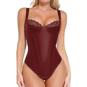 Popilush Faux Leather Body Suits for Womens Tummy Control Shapewear Bodysuit Lace Corset Tops Thong Body Shaper.XL