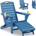 Folding Adirondack Chair with Retractable Ottoman Weather Resistant Fire Pit Chair Patio Chair with 2 Cup Holder Lawn Outdoor Lounge Chair (Navy Blue)