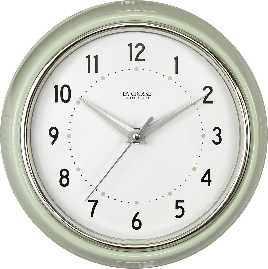 La Crosse Clock 9.5-inch Retro Diner Light Pistachio Green Silent Sweep Quartz Clock - 404-3024PH