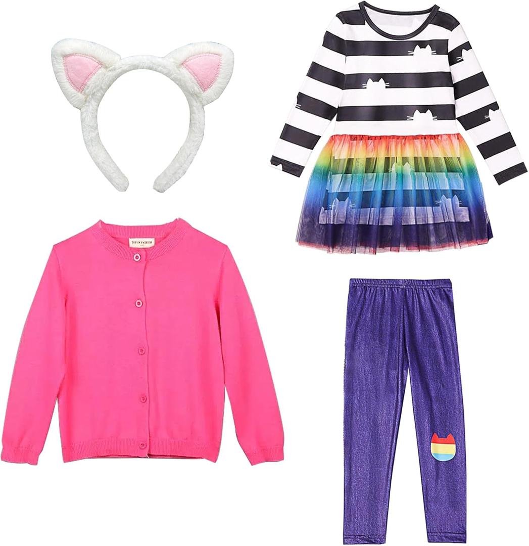 DAISYDUDS Cuties Toy House Rainbow Tutu Dress leggings Coat Costume with Cat Headband Halloween Christmas Outfits For 3-12T (110cm/3-4T)