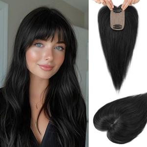 Flufymooz Real Human Hair Toppers for women, 10 Inch Clip in Bangs 100％ Human Hair Toppers for Thinning Hair, Cover Hairpiece with 150% Density Silk Base-Natural Black