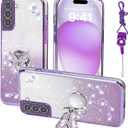 Samsung Galaxy S21 FE Phone Case,for S21 Fan Edition Mobile Phone Case for Women and Girl, Glitter Butterfly Floral TPU Protective Cover with Kickstand+Strap for Samsung S21 Fe (Purple)