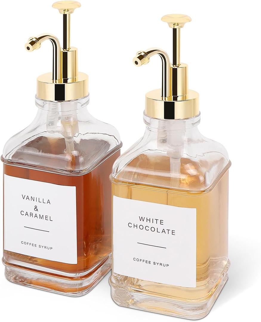 Coffee Syrup Dispenser for Coffee Bar, Clear Glass Syrup Bottles with Pump, Refillable Maple Syrup Storage, Coffee Station Accessories and Organizer, 500ml, Set of 2 (Gold)
