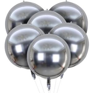 House of Party 4D Sphere Balloons Pack of 6 - Silver Foil Balloons 22 Inches Mirror Finish Mylar Balloons for Party Decorations
