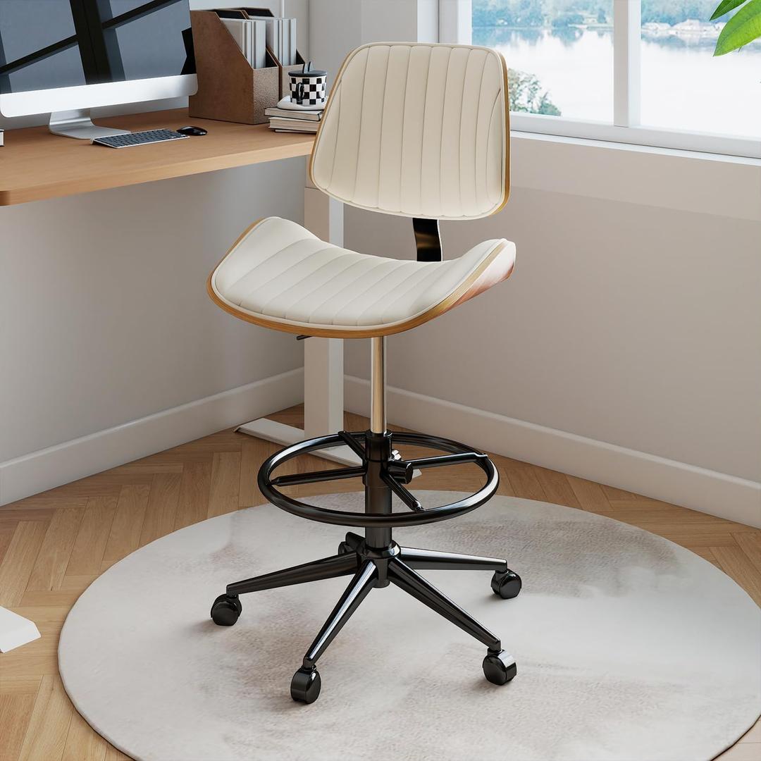 Drafting Chair, Ergonomic Office Chair with Walnut Wood Back Support, Armless PU Leather Desk Chair with Height-Adjustable, Thick Cushion for Home, Bar, Drafting, Office (Beige), 21.5"D x 10"W x 21"H