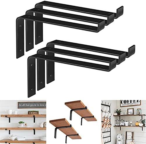 Rustic Wood Floating Shelves - 12 Inch Black Heavy Duty Farmhouse Brackets - 6 Pack