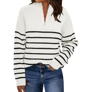 LILLUSORY Women's Quarter Zip Striped Oversized Sweater 2026 Mock Turtleneck Fall Fashion Outfit (Medium, White-black)