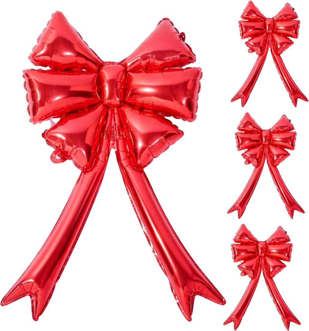 3 x 34 Inch Large Bows Balloons for Valentine's Day, Red Coquette Birthday Decorations 4Pack Red Foil Balloon for Gender Reveal, Baby Shower,Wedding BridalTheme Party
