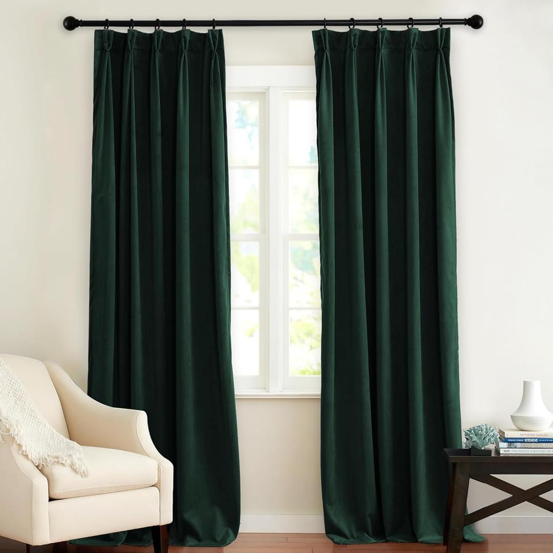 KGORGE Hunter Green Pinch Pleated Velvet Curtains 84 inches, Thermal Insulated Room Darkening Hook Rings & Back Tab Drapes for Bedroom Living Room, W 34 x L 84, 2 Panels