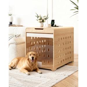 Modern Dog Crate Furniture with Charging Station Large Kennel Indoor with Flip-up Hidden Acrylic Door for Large and Medium Breeds up to 110lb Wood Pet End Side Table Cage, Oak