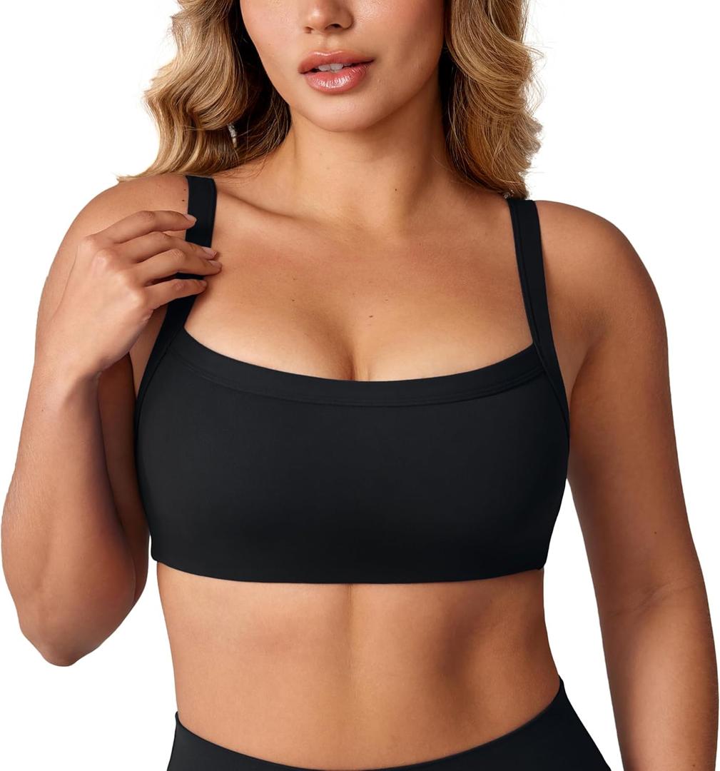 Hugcurve Adjustable Sports Bra Square Neck Wireless Padded Yoga Workout Tops (X-Large, Black)