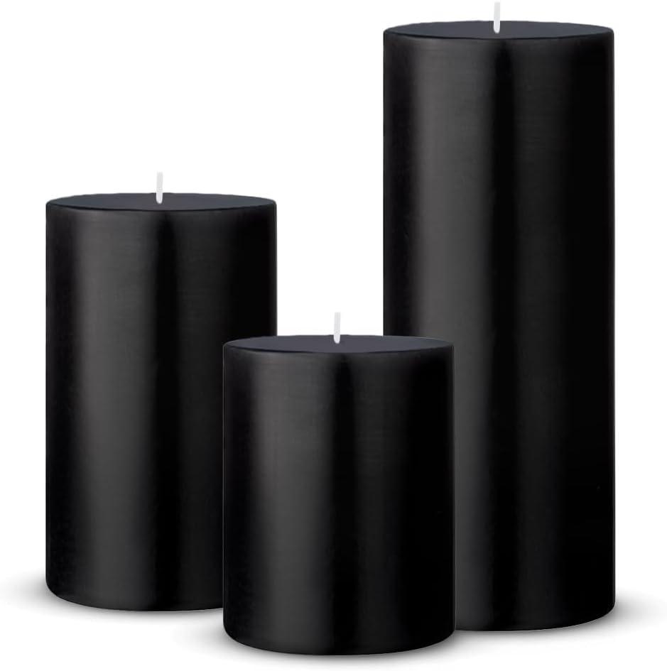 Set of 3 Different Sizes Black Pillar Candles, Unscented Dripless 2.75x3, 2.75x4, 2.75x6 Inch Cylinder Column Wax Long Burning Candles for Halloween Home Power Outage Emergency Dinner Table Decoration