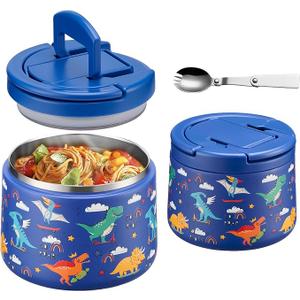 14oz Insulated Vacuum Food Jar with Buckle Lid,Soup Thermo for Hot Food Kids,Wide Mouth Leakproof Stainless Steel Lunch Container with SpoonDinosaur