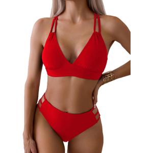 Fanuerg Women's Sexy V Neck Bikini Sets Hollow Out Two Piece Swimsuits Cutout Mid Waist Bathing Suit (Red, XS)