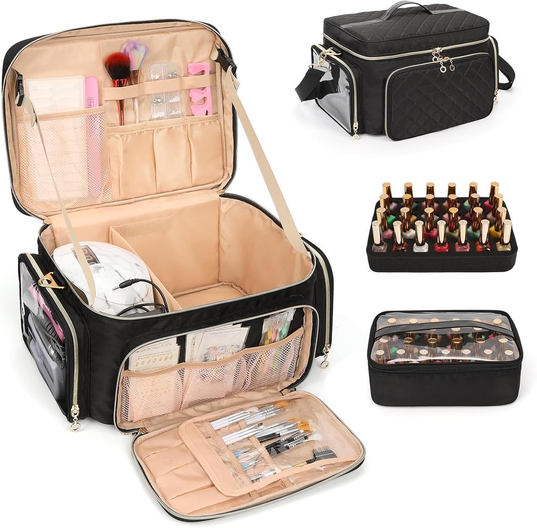 Bagmoly Nail Polish Organizer, Nail Polish Storage Holds 50-70 Bottles & Nail Lamp, Portable Travel Nail Kit Storage Carrying Case Fits Nail Suppiles, Gift for Manicurist, Girls (Black)