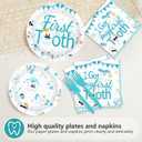 96Pcs First Tooth Party Supplies Blue Dental Plates and Napkins Disposable Cute Cartoon Tooth Fairy Dentist Tableware Set for Baby's Teeth Dentist Clinic Baby Shower Party Decorations Serves 24