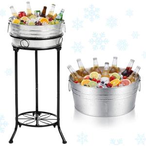 Fumete Galvanized Beverage Tub with Stand Champagne Ice Bucket Stand Set Ice Drink Bucket Holder for Party Metal Drink Cooler Free Standing Oval for Indoor Outdoor Summer Parties