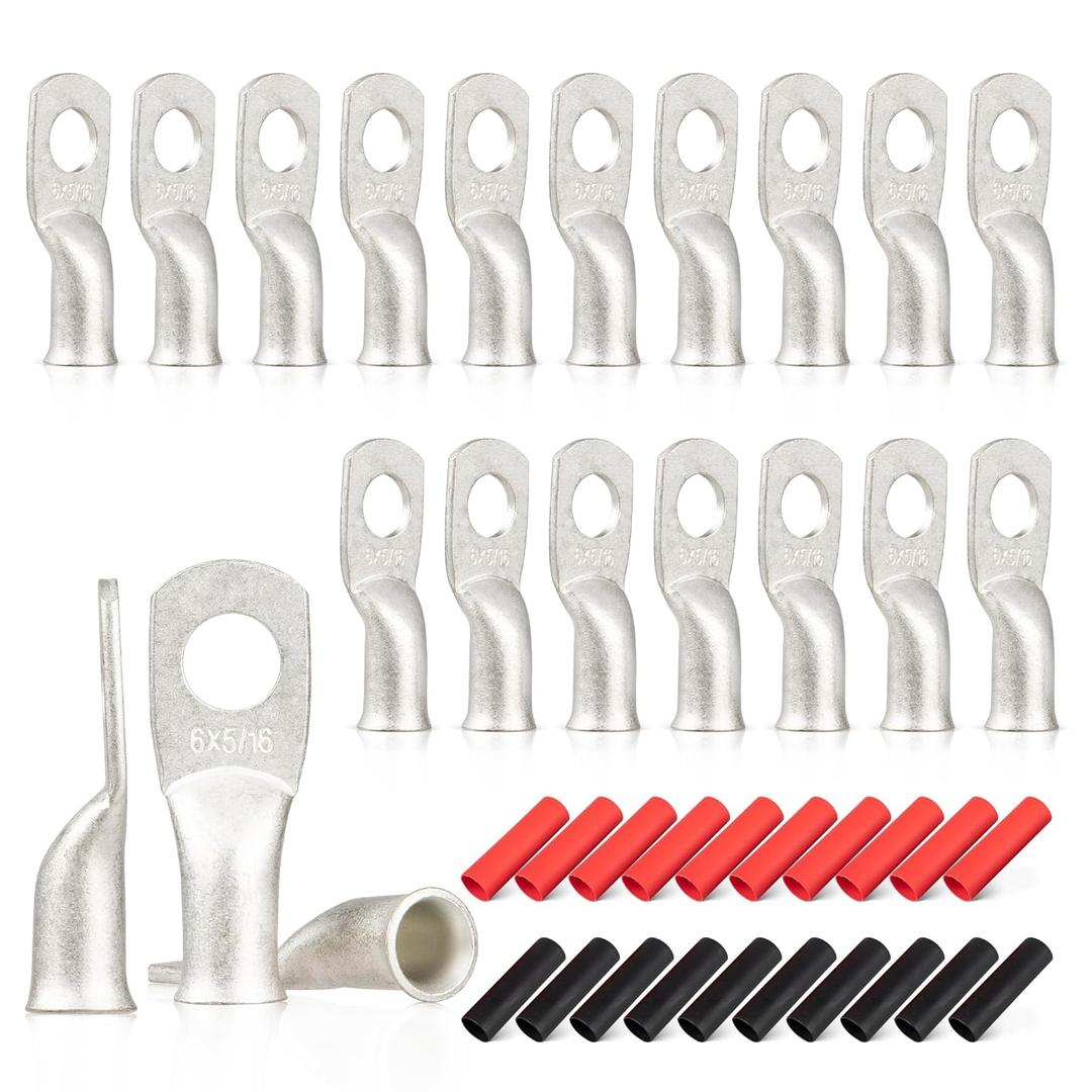 RED WOLF 20PCS 6 AWG-5/16 Marine Grade Wire Lugs, Tinned Copper Ring Terminal Connectors Ends W/3:1 Dual Wall Adhesive Heat Shrink Tubing, Heavy Duty Anti-Rust Battery Cable Ends