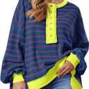 Tankaneo Womens Oversized Striped Sweatshirts Henley Shirts Color Block Casual Pullover Waffle Knit Tops (XX-Large, Navy)