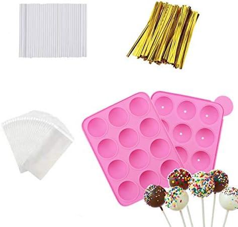 AKINGSHOP 12 Capacity Silicone Lollipop Mold Set, Sucker Molds and Chocolate Hard Candy Mold with 60pcs Lollipop Sucker Sticks, Candy Treat Bags, Gold Ties (12 Cavity Cake Pop)