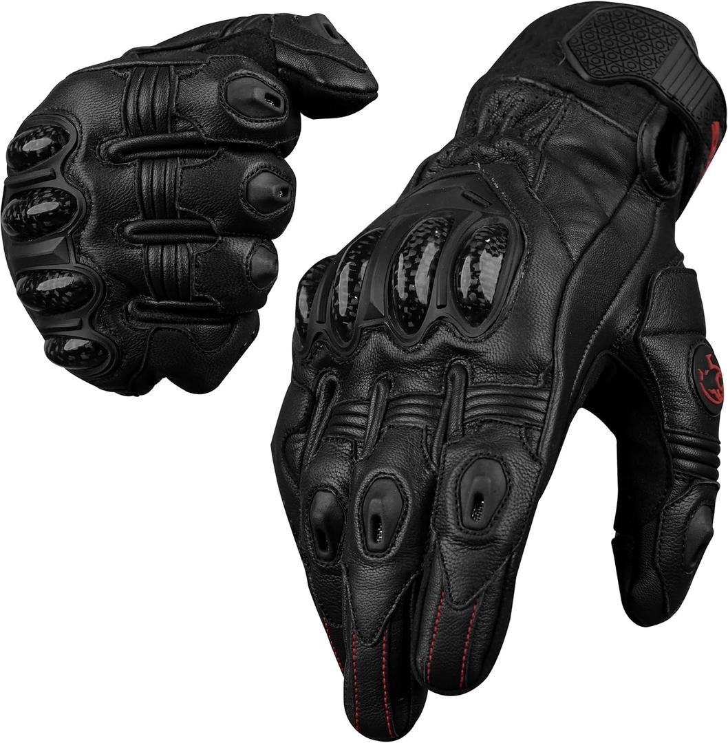 J.A.G. Leather Motorcycle Gloves for Men - Carbon Fiber Knuckle Protection, Motorbike Powersports, Dirt Bike, Touchscreen Gloves for Men and Women, Guantes Para Moto, Large