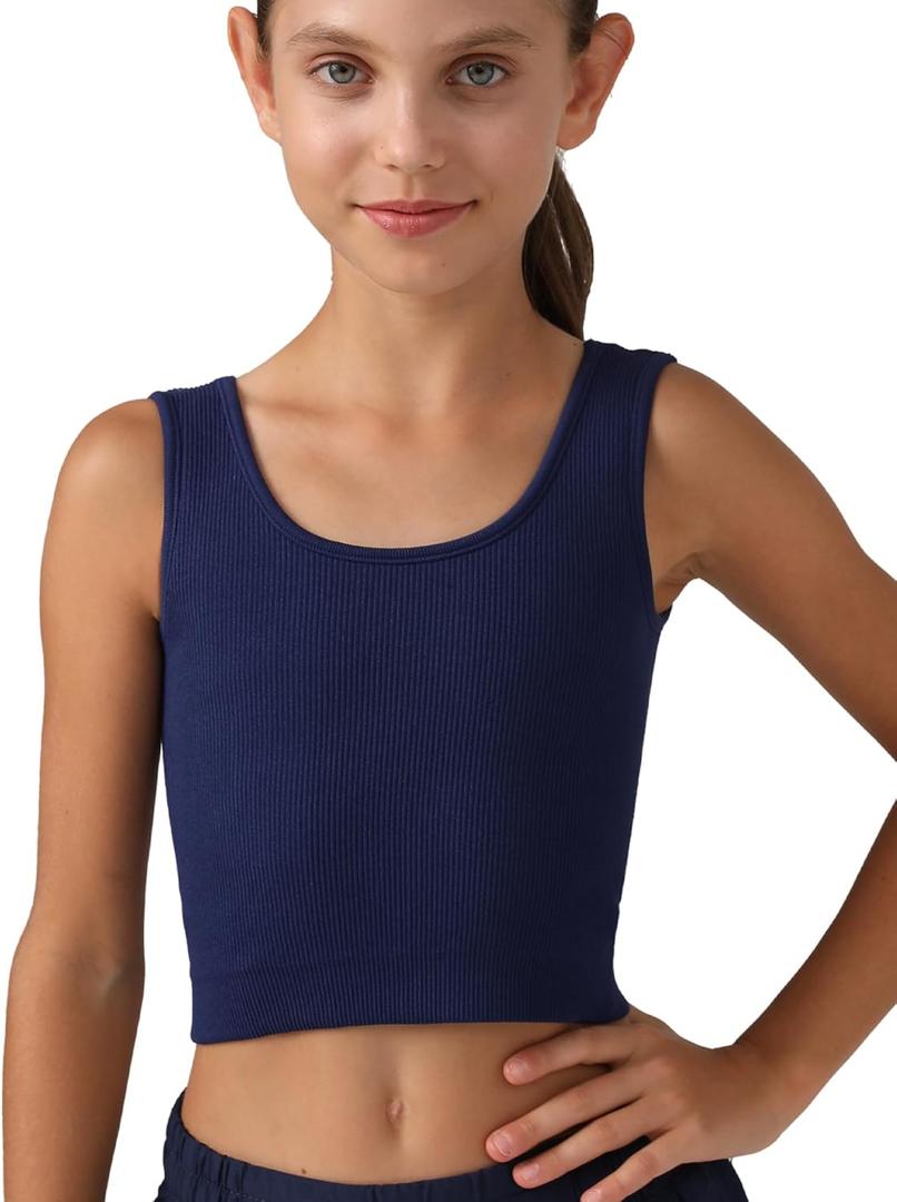 Girls Tank Tops Double Lined Ribbed Knit Crop Tops 2 Pack Basic Sleeveless Athletic Round Neck Dance Top (S)