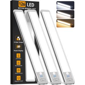Under Cabinet Lighting Wireless, 15inch Rechargeable Motion Sensor Light Indoor, 3 Color Closet Light Battery Operated with LED Power Display, Magnetic Under Counter Lights for Kitchen, Home (3Pack) (Silver)