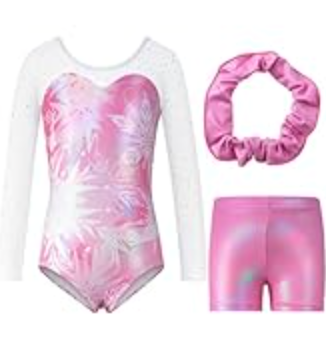 Blaward Girls Gymnastics Leotards with Shorts - Sparkly Long Sleeve Dance Ballet Athletic Leotard for Kids Teens Ages 5-6Y