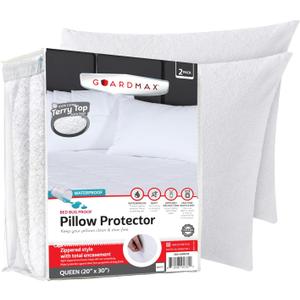 Guardmax Terry Cotton Pillow Protector with Zipper Queen Size - 2 Pack -100% Waterproof, Bed Bug Proof, Dust Mite Proof, & Hypoallergenic Pillow Covers - Premium Zippered Pillow Cases. (20 X 26)